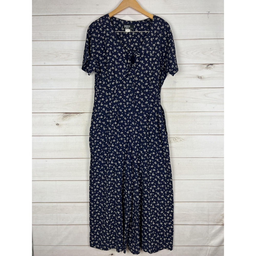 Vintage Dawn Joy Fashions Romper Womens 12 Blue Floral Button Maxi Made USA 90s